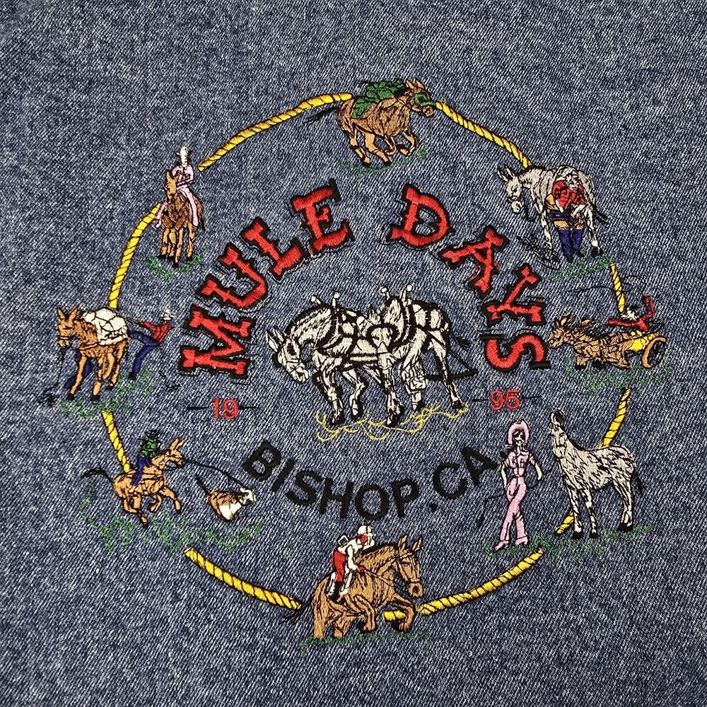 VTG 90s Butterfield Stage Denim Jean Jacket L Embroiderd Mule Days Trucker Rare